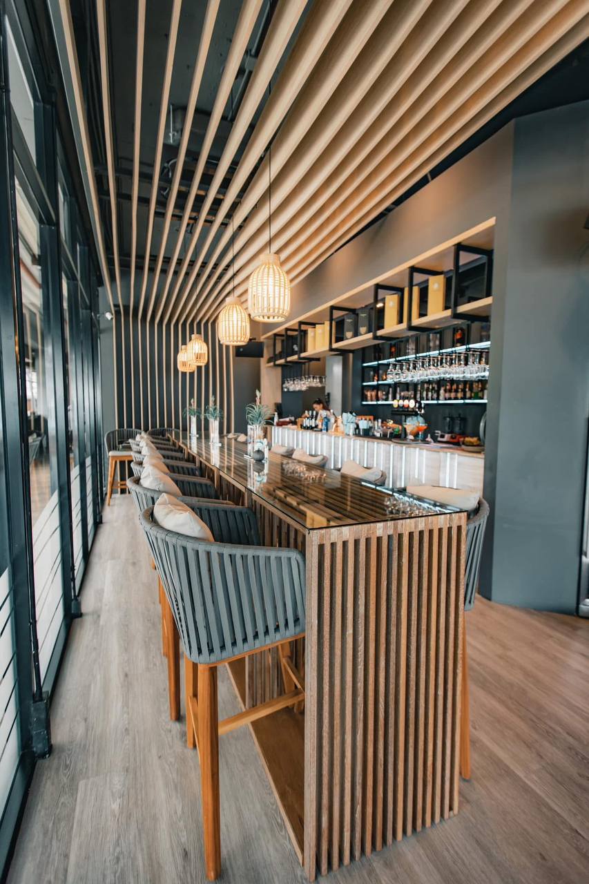 Bar counter with wooden slat design