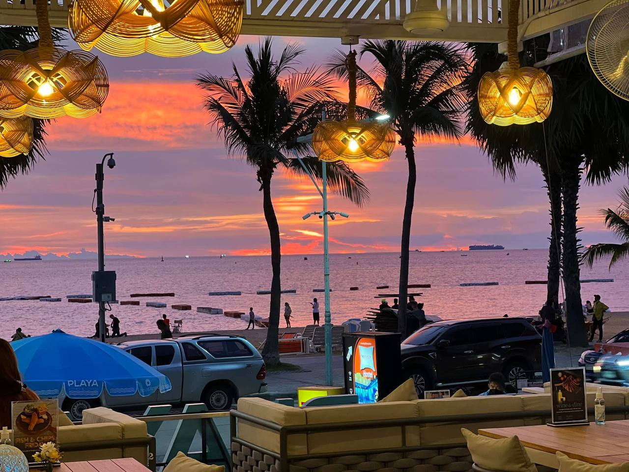 Beachfront terrace at golden hour