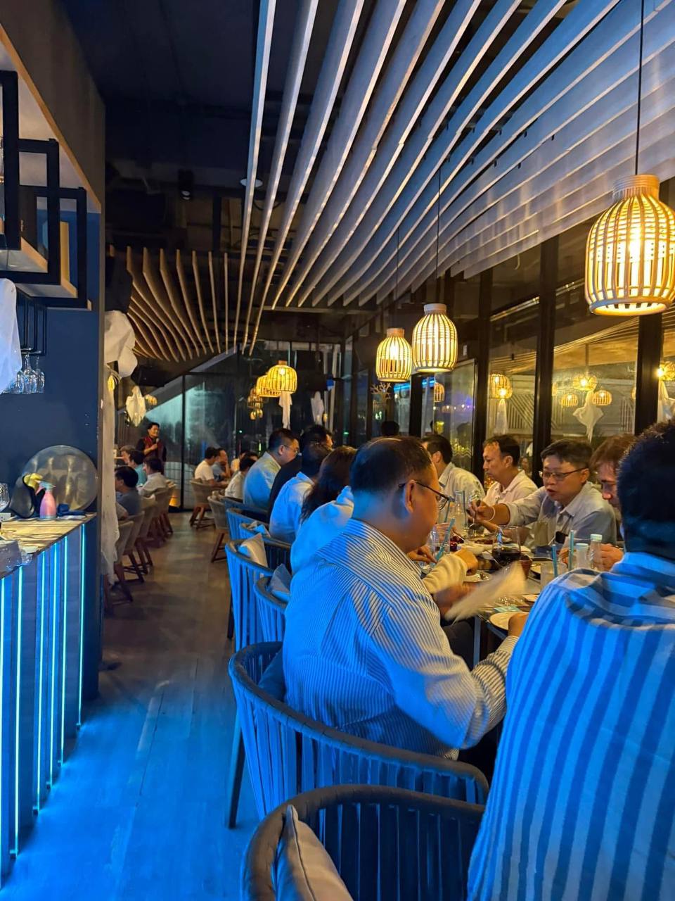 Evening dining with blue ambient lighting